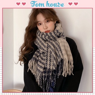 Khăn quàng cổ nữ mùa đông thời trang Hàn Quốc chất liệu len dạ kẻ ngang 2 mặt phong cách vintage Tom House