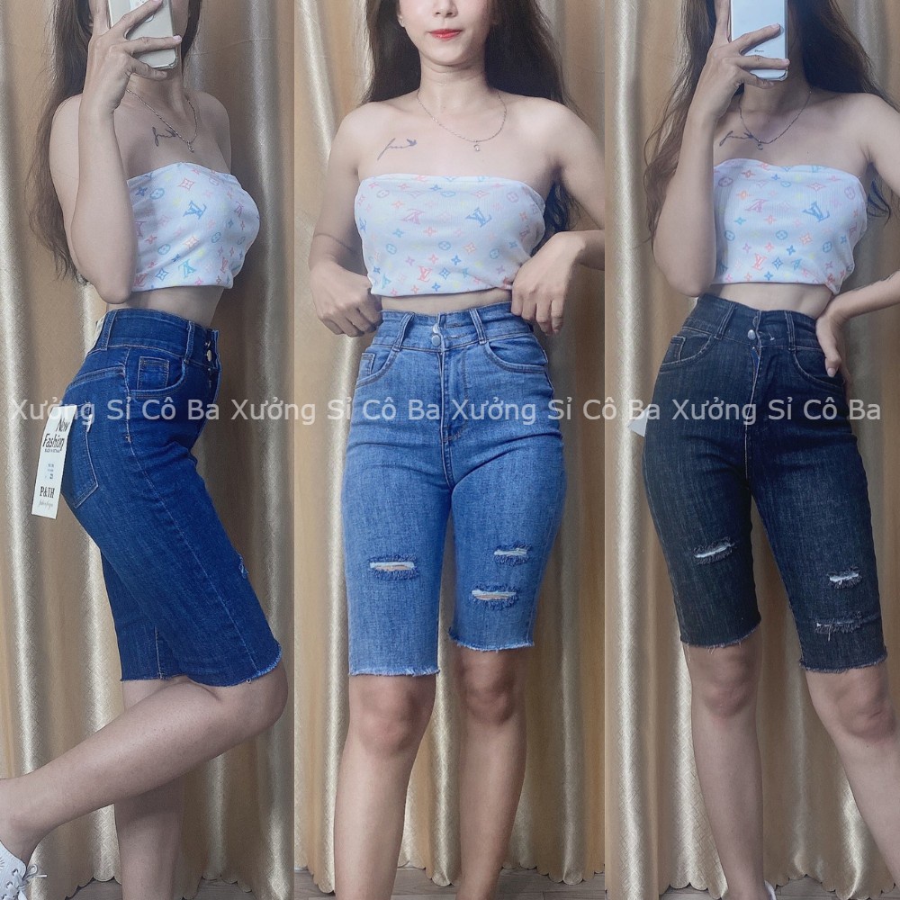 Quần jean ngố lửng nữ rách lưng cao 2 nút cao cấp chất xịn - Xưởng sỉ Cô Ba