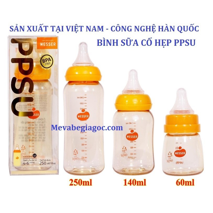(MẪU MỚI) Bình Sữa Cổ Hẹp Cao Cấp PPSU 250ML - WESSER (Made in Vietnam) (Công nghệ Hàn Quốc)