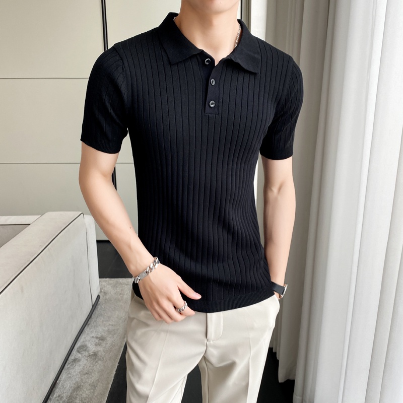 Áo Thun polo Ngắn Tay Vải Lụa Mát Mỏng Ôm Dáng Họa Tiết Kẻ Sọc Thời Trang Mùa Hè Cao Cấp Cho Nam