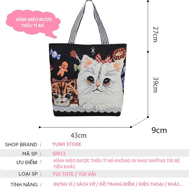 Túi Tote Vải Canvas Thêu Hình Mèo Cute Thời Trang Đeo Chéo GN11-II