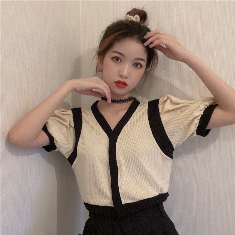 Áo Thun Dệt Kim Mỏng Tay Ngắn Cổ Chữ V Phối Màu Sắc Tương Phản Thời Trang Mùa Hè Cho Nữ