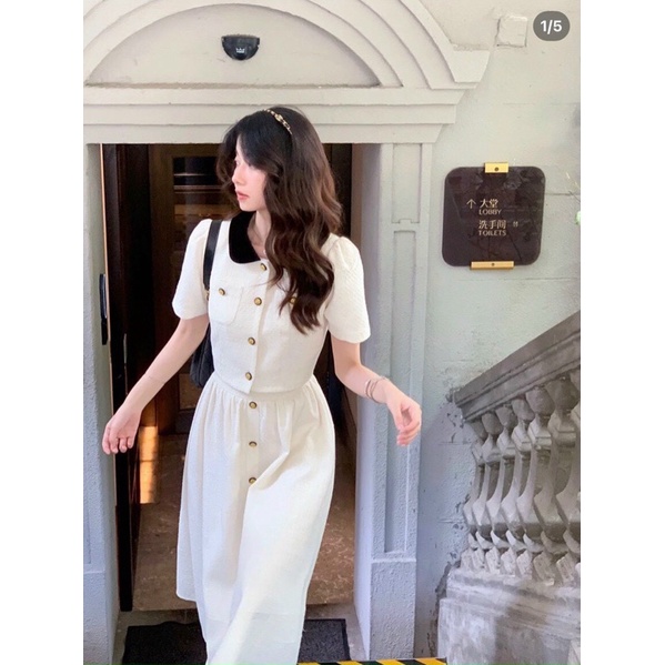 SET ÁO CROP DẠ CỔ SEN ĐEN + CHÂN VÁY MIDI TRẮNG PHỐI NÚT