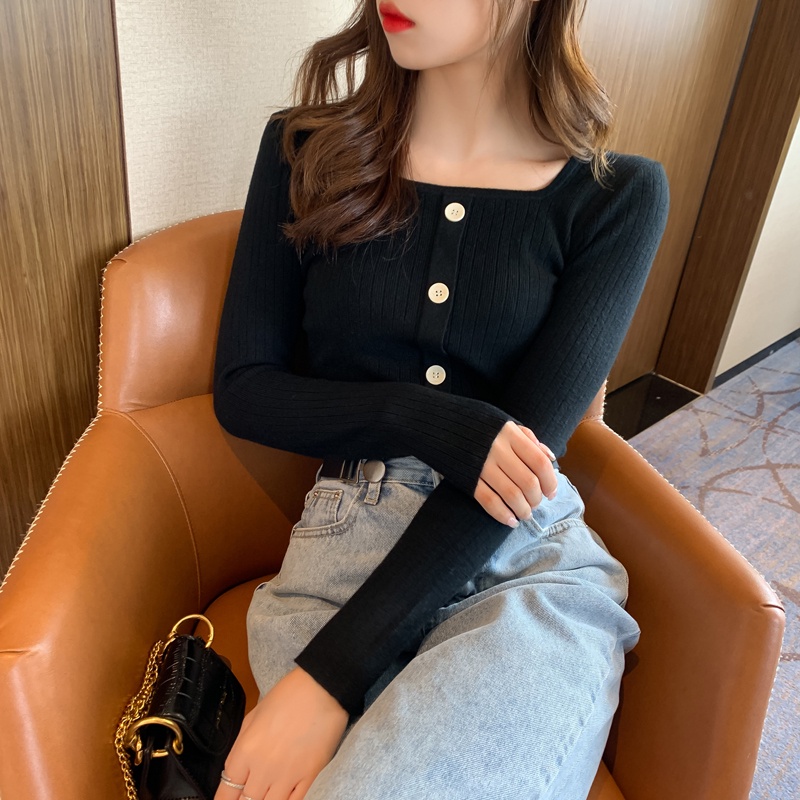【ZHELIHANGFEI】Áo Cardigan Dệt Kim Tay Dài Cổ Vuông Phong Cách Phương Tây
