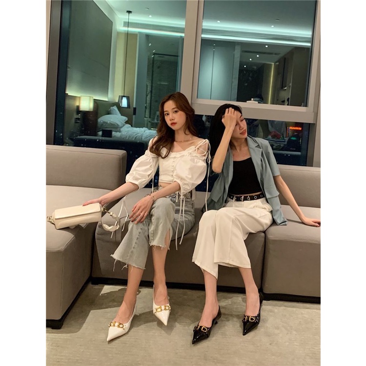 Giày da m3yc mũi nhọn gót thấp phối khóa kim loại kiểu mùa xuân thu trẻ trung dành cho nữ