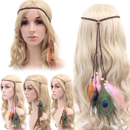 Vòng đeo đầu gắn lông vũ phong cách Hippie