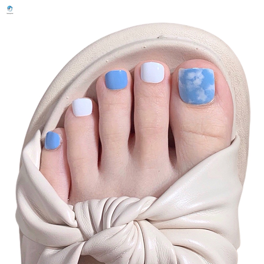 Set 24 móng chân giả ngắn màu trắng / xanh dương thời trang