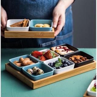 khay gỗ tre cho bát sứ vuông