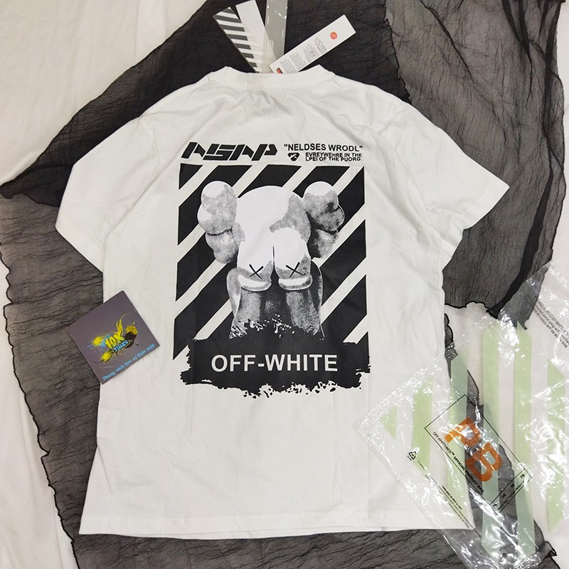 (ảnh thật, full size) Áo thun tee off white (offwhite) với gấu bearbrick che mặt kwas trắng đen tay lỡ form rộng unisex