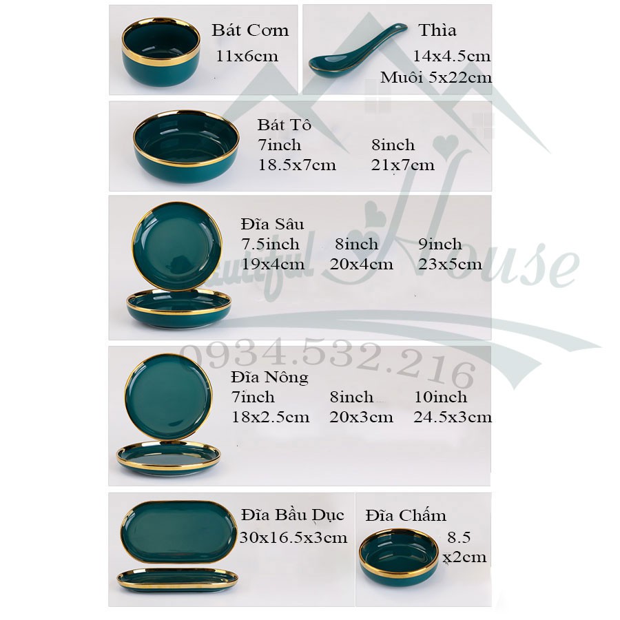 [LẺ CHI TIẾT] Bộ Bát, Đĩa Sứ Màu Xanh Cổ Vịt - Sứ Cẩm Thạch Viền Vàng 24k Sang Trọng