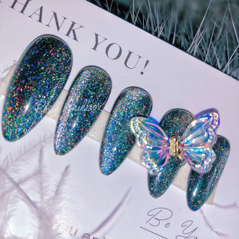 Móng úp màu mắt mèo cầu vồng đen sang chảnh phối nơ lấp lánh xinh cực kèm keo và dũa