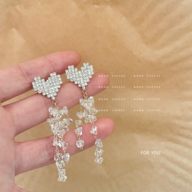 Toàn Bộ Bông Tai Mạ Bạc 925 Dáng Dài Hình Trái Tim Đính Đá Pha Lê Phong Cách Hàn Quốc