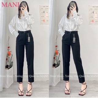 Quần tây baggy nữ cạp cao ống suông dáng đứng màu xanh đen vải mưa dày dặn mặc đi học sinh cấp 2 3 làm công sở đều đẹp