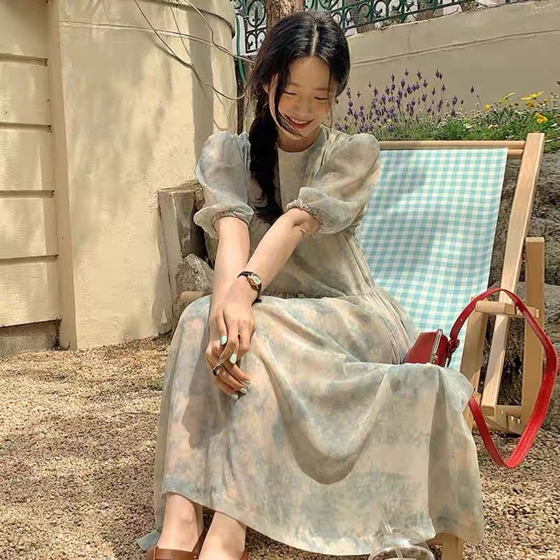 Váy MORAN voan hoa xanh loang pastel thun eo xòe dài bồng bồng vintage tiểu thư nhẹ nhàng