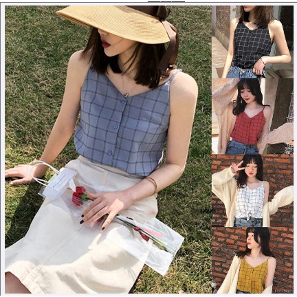 Áo Voan Sát Nách Cổ Chữ V In Họa Tiết Caro Phối Hàng Nút Xinh Xắn Cho Nữ