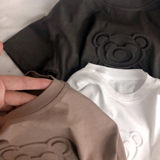 [Hàng Mới Về] Áo Thun Cotton Tay Lỡ In Nổi Hình Gấu Dập Nổi Ba Chiều Phong Cách Unisex Hàn Quốc Cho Bé Trai 8 Tuổi