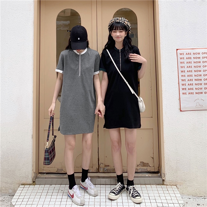 SUXI Đầm thun ngắn tay màu trơn phối khóa kéo phong cách trẻ trung năng động cho nữ