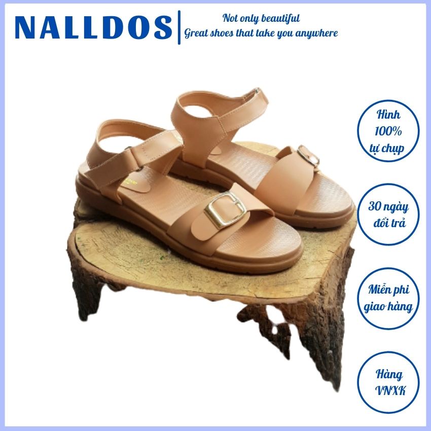 [MỚI VỀ] Sandal nữ quai ngang hậu cài NALLDOS, Quai da Microfiber, đế 3cm TPR đi học có 3 màu (Đen, Kem, Bò)