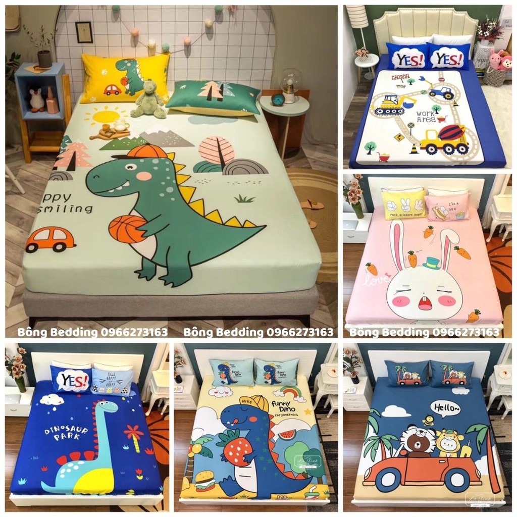 Bộ Ga Gối COTTON mẫu 3D Hoạt Hình (1 ga chun/Phủ Kèm 2 Vỏ gối nằm Cotton 100% -> được chọn mẫu /Size theo y/c