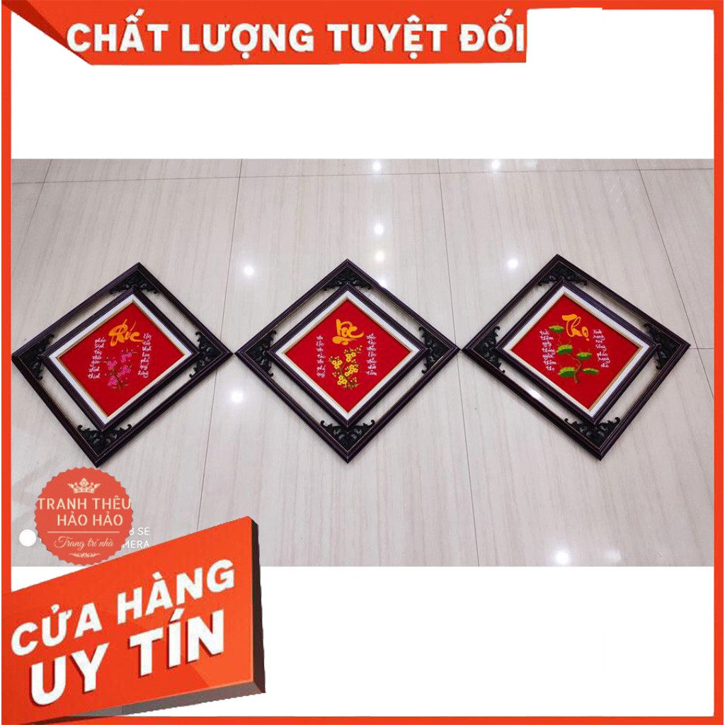 Tranh thêu Phúc lộc thọ đỏ thành phẩm 35x35cm