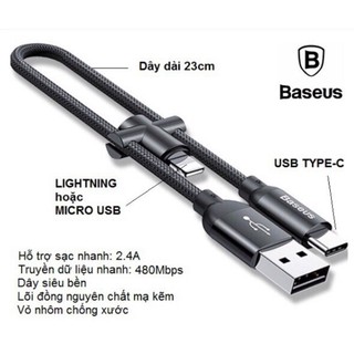Cáp Sạc Nhanh Baseus U-Shaped Portable Dây Ngắn 23cm Cổng Type C Có Tích Hợp Thêm Cổng Lightning/Hoặc Micro USB