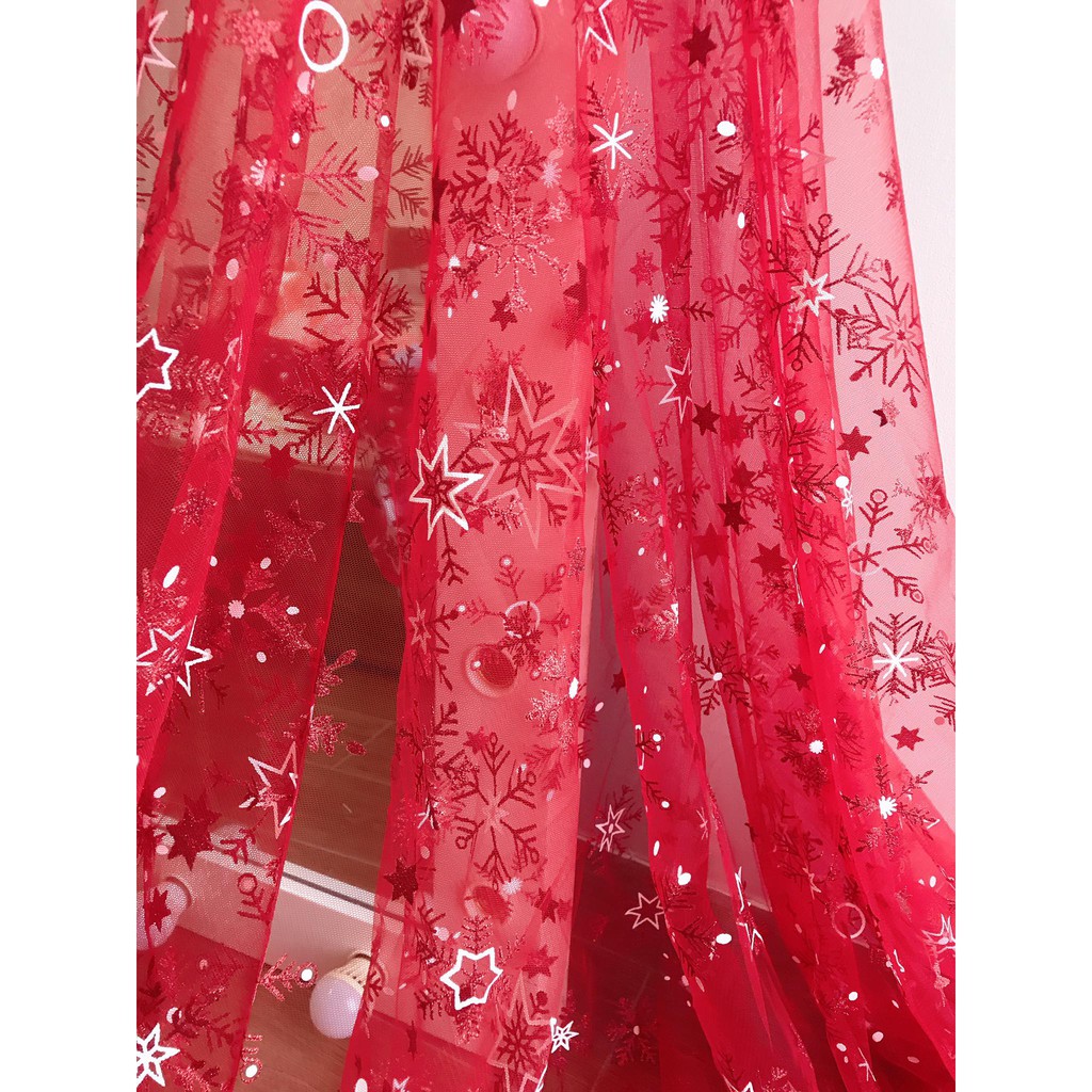 Vải voan lưới elsa anh/ hồng/ đỏ in hình bông tuyết lấp lánh khổ 1m6