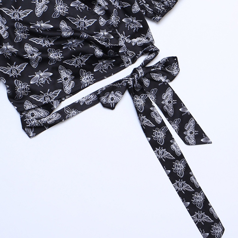 Áo Croptop Tay Ngắn Phồng Cổ Chữ V Buộc Dây In Họa Tiết Bướm Phong Cách Gothic Thời Trang Cho Nữ