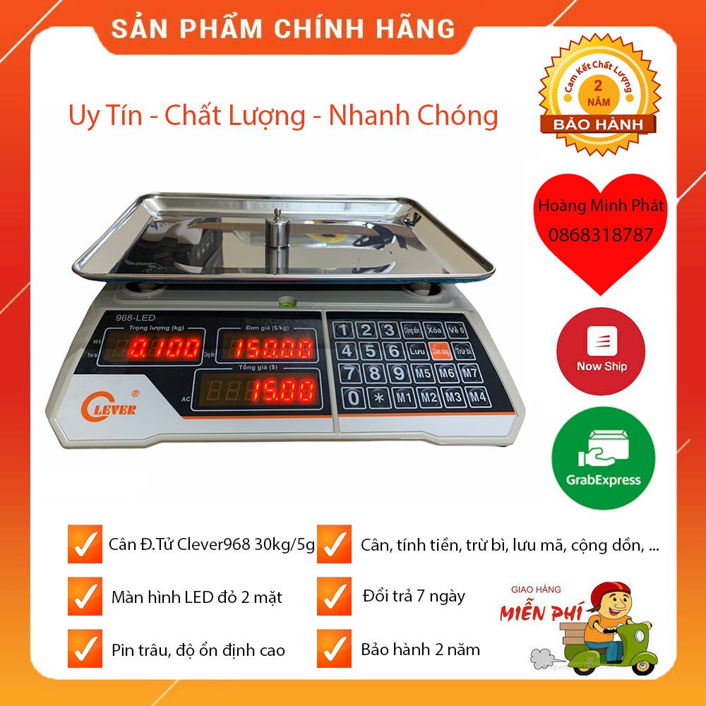 CÂN ĐIỆN TỬ TÍNH TIỀN HOA QUẢ THỰC PHẨM 30kg/5gam Clever 968 BÀN PHÍM TIẾNG VIỆT DỄ DÙNG. MÀN HÌNH LED 2 MẶT