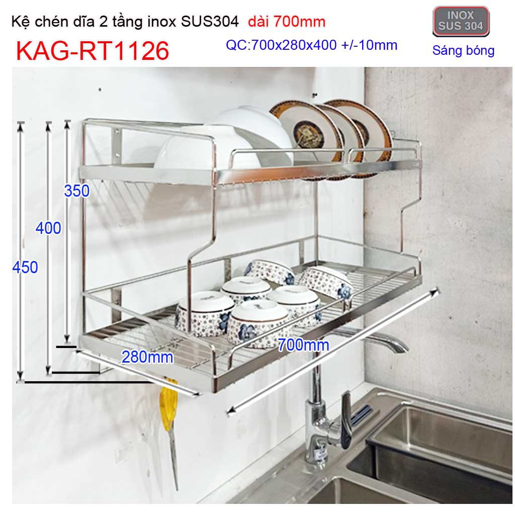 Kệ đựng chén bát inox SUS304, kệ úp chén dĩa 2 tầng dài 50cm, 60cm, 70cm,80cm,90cm,100cm KAG-RT1193-1125-1126-1127-94-95