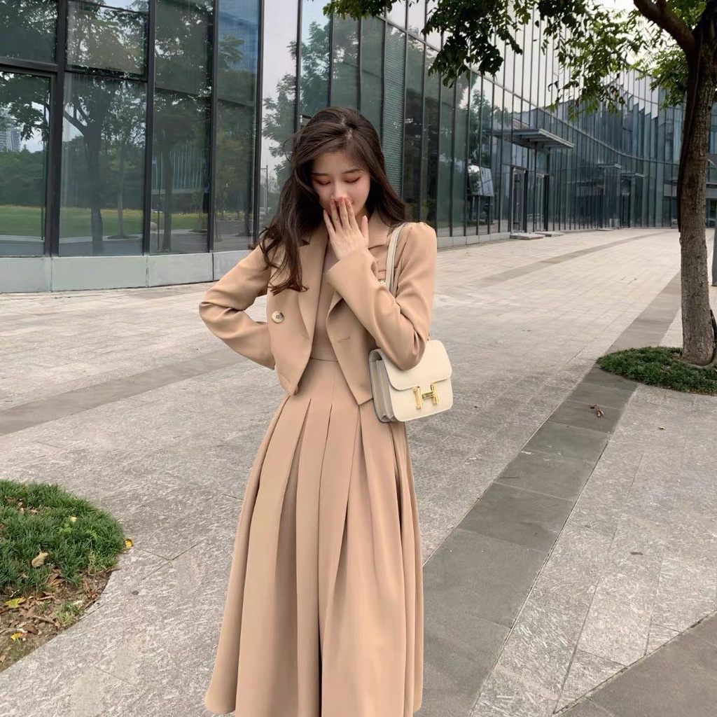 Váy Nữ, Đầm Dự Tiệc Nguyên Set Gồm Váy và Áo Vest Nữ