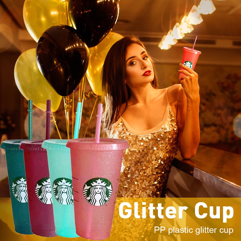 Flash powder Shiny Reusable Plastic Tumbler with Lid and Straw Cup, 24 fl oz, Set of 1 or 5 Party Gifts Starbucks  Ice Cold Drink Cup with Straw Plastic Tumbler with Straw Portable Cup Tumbler Venti Cup Tumbler Mug 16oz with Straw Crystal Clear Double Wal