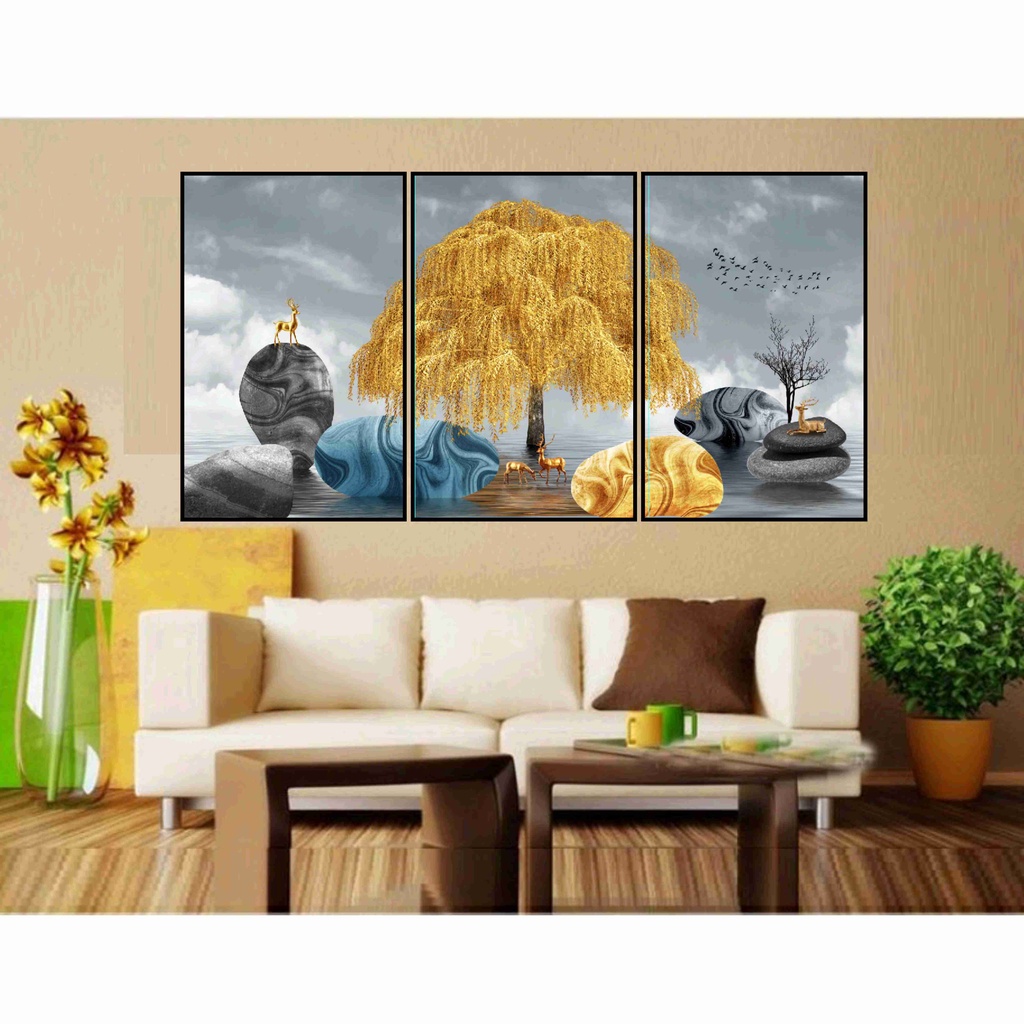 Set 3 tranh Decor trang trí tường về Cây Kim Tiền, Hươu tài lộc đep miễn chê