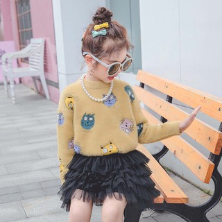 Aó len cổ tròn hình mặt mèo bé gái 2 lớp lót nỉ  bông 110-160( 4 -10 tuổi)-CÓ ẢNH THẬT