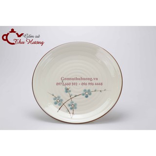 Đĩa tròn men kem hoa đào vẽ tay_bộ đồ ăn Bát Tràng