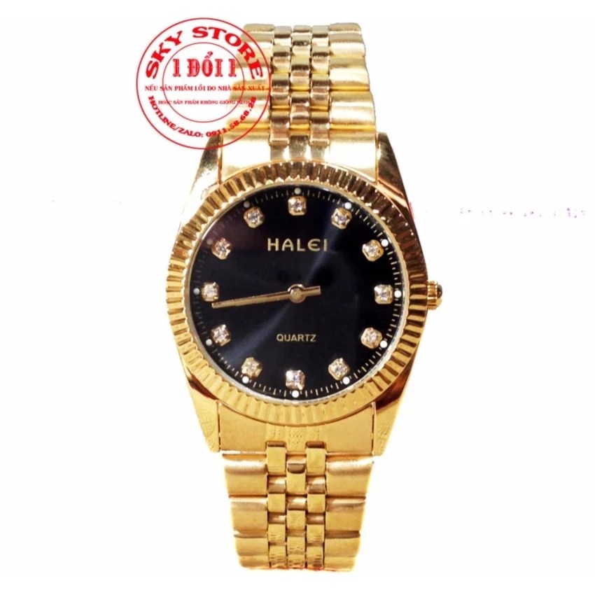 Đồng hồ nam HALEI M3516A (Mặt đen) dây hợp kim mạ vàng