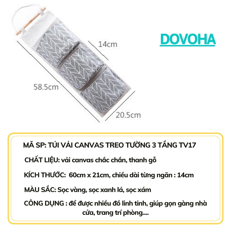 Túi vải canvas treo tường nhiều ngăn 3 tầng đựng đồ cá nhân tiện dụng đa năng DOVOHA TV17