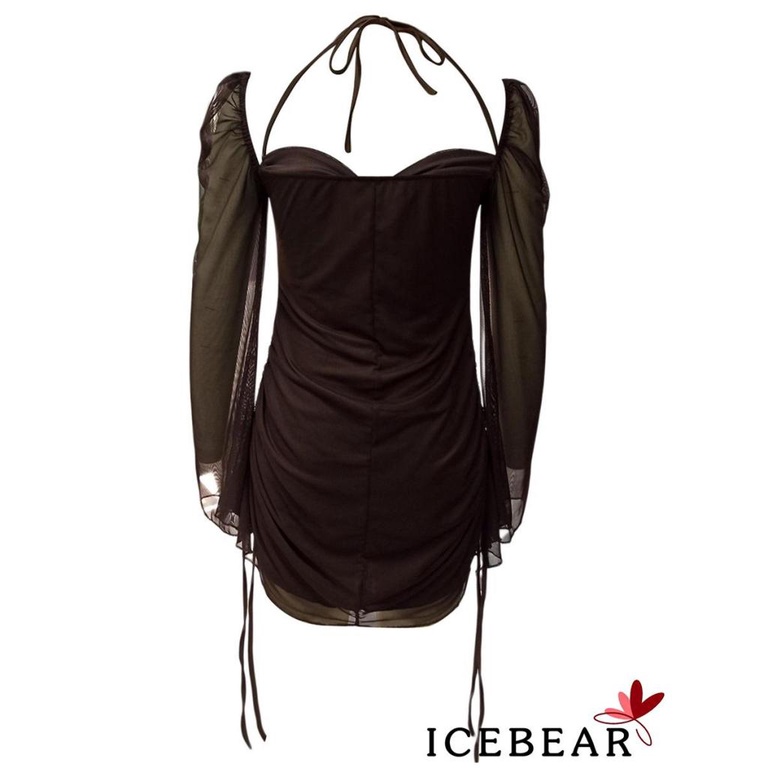 ICE-Women´s Dress Adult Solid Color Long Sleeve Drawstring Pleated Halter Neck Mini Dress
