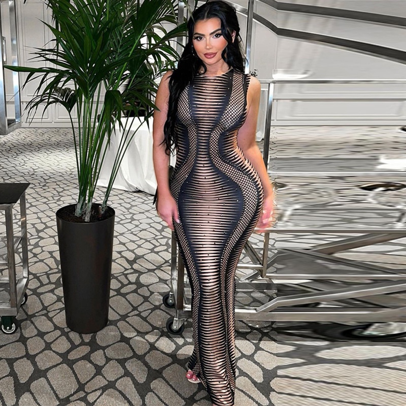 Đầm Dự Tiệc Không Tay Hở Lưng Họa Tiết Kẻ Sọc Đính Đá Lấp Lánh Thời Trang Cho Nữ