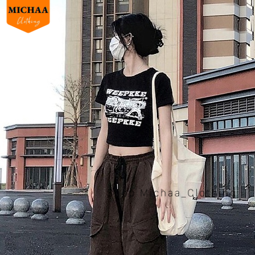 Áo Croptop Ôm Body Nữ WEEKEEP Cổ Tròn Tay Ngắn, Áo Thun Croptop Kiểu In Họa Tiết - MICHAA CR91