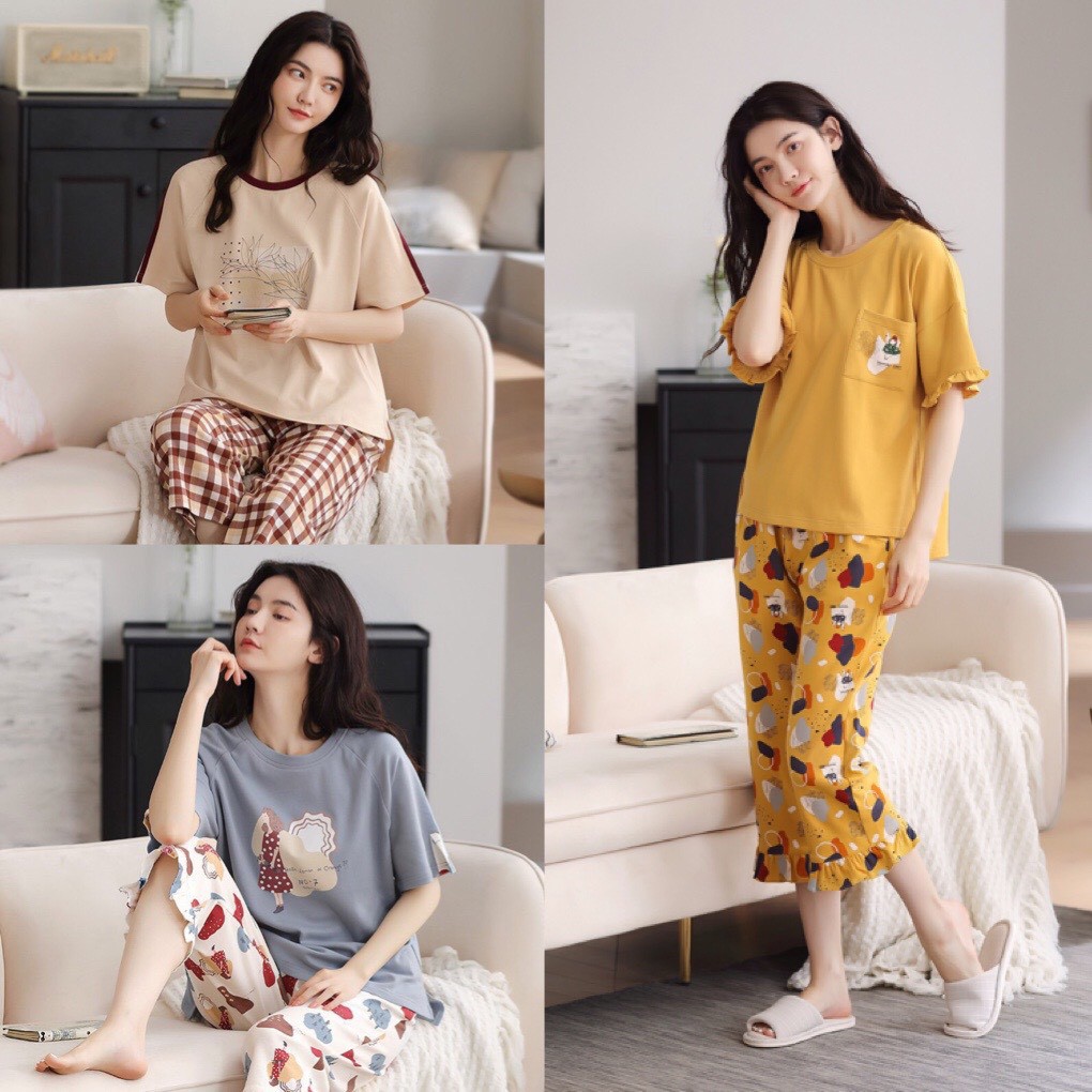 Đồ bộ nữ-Bộ mặc nhà quần lửng  style Hàn Quốc chất COTTON 100% thoáng mát ngày hè: Full size M-2XL