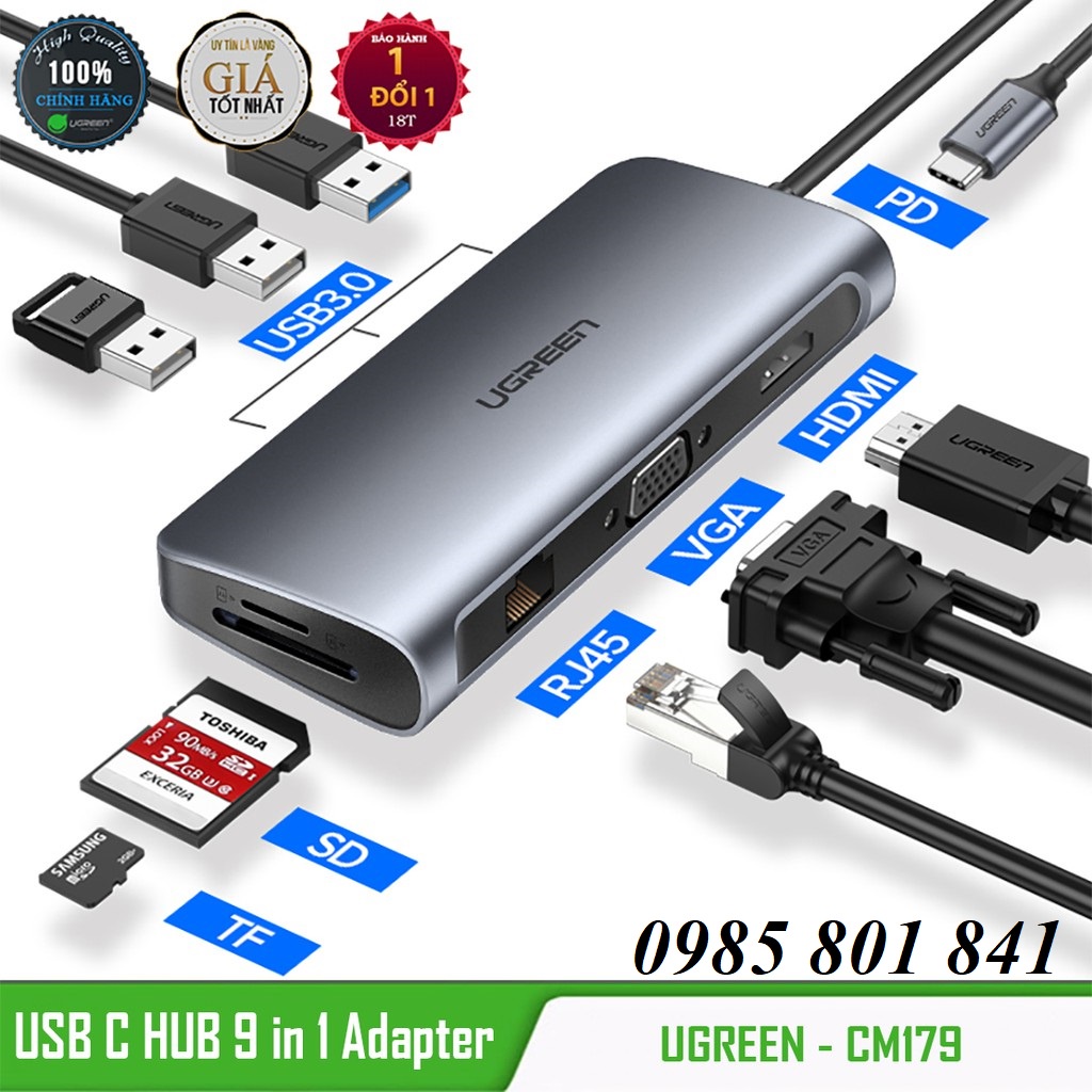 Hub USB Type-C ra HDMI, VGA, USB 3.0, RJ45, TFSD Card Cao Cấp UGREEN CM179 - Hàng Chính Hãng