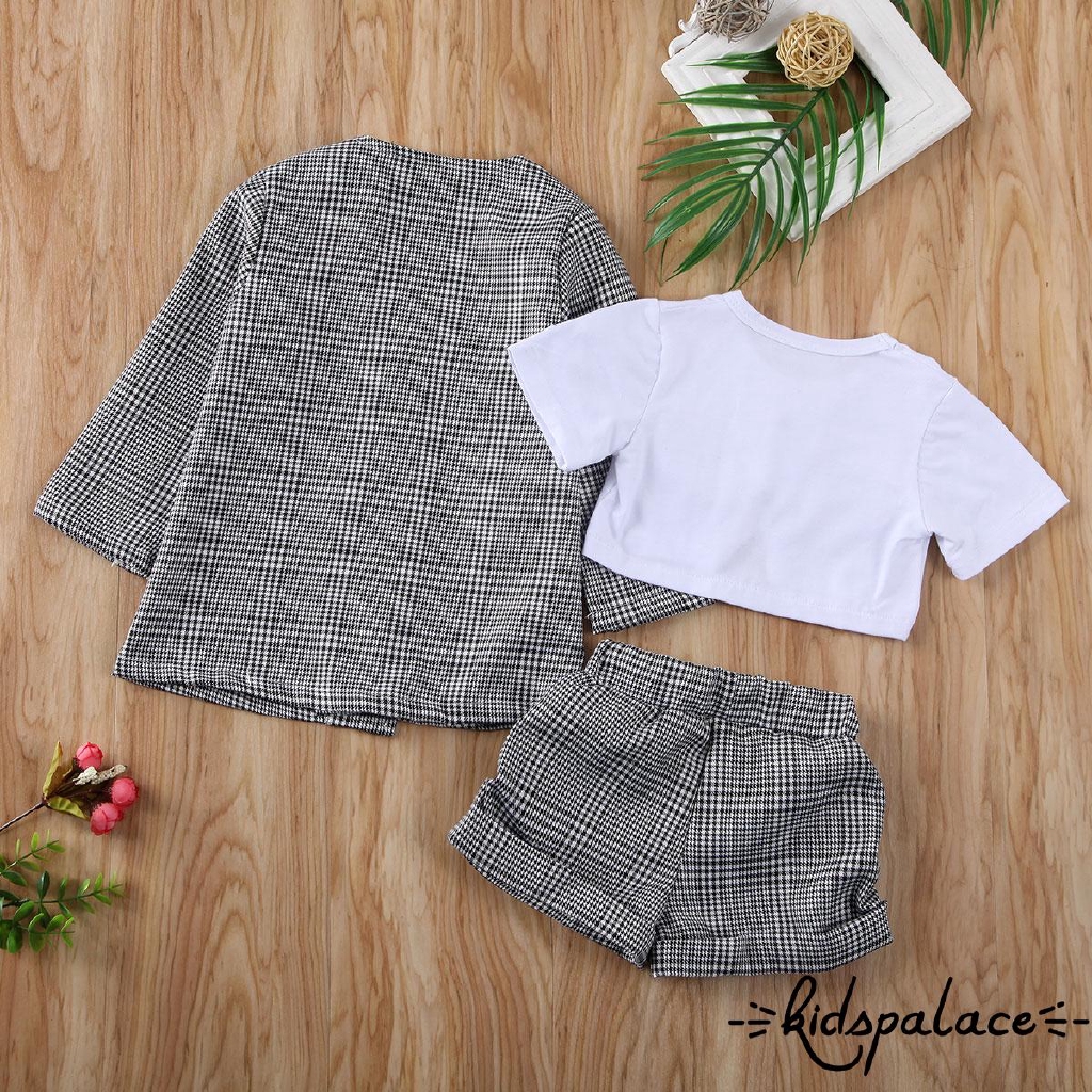 ➤♕❀❤Children Girls Summer Outfits Long Sleeve V Neck Plaid Printed Outwear Jacket Coat + Shorts + Short Sleeve Tank Top