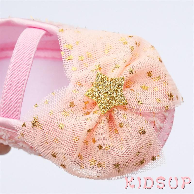 Giày Vải Cotton Phối Lưới Đính Nơ Đính Kim Sa Ngôi Sao Lấp Lánh Trang Trí Cho Bé 1 Tuổi