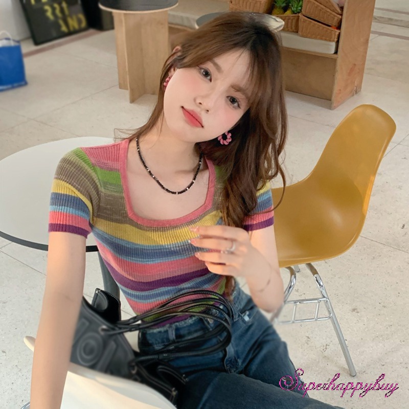 Áo Dệt Kim Ngắn Tay Cổ Vuông Ôm Dáng Họa Tiết Kẻ Sọc Nhiều Màu Sắc Cho Nữ