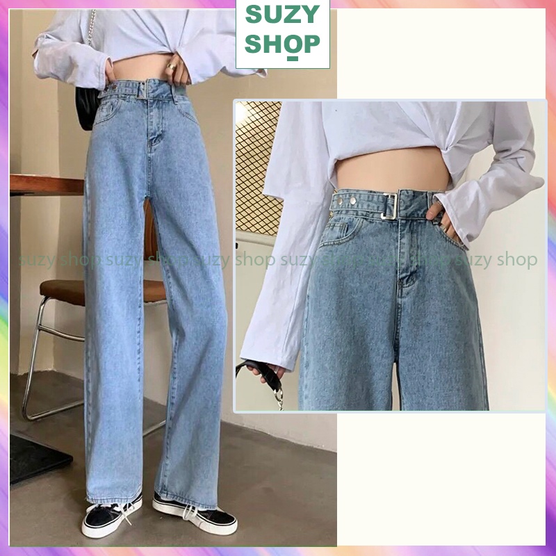 Quần Baggy Jean Ống Rộng Suông Dài Nút Chỉnh Eo