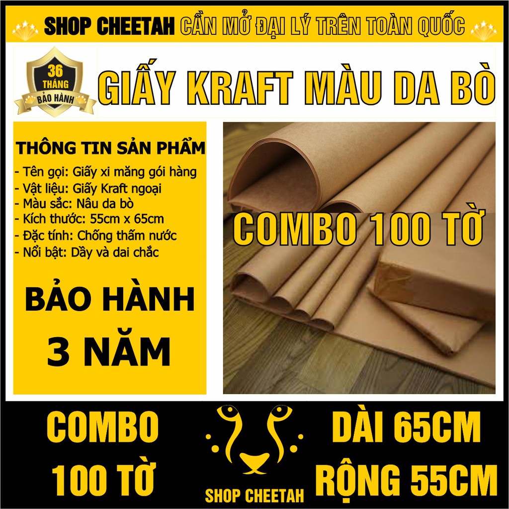 100 tờ Giấy Kraft màu da bò KT: 65cm x 55cm – Giấy ngoại – Chống thấm nước – Dai chắc – Dùng đóng bọc sản phẩm hàng hóa