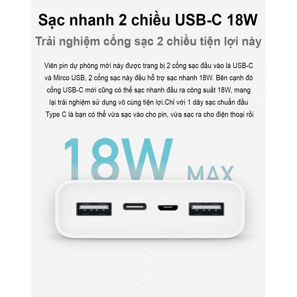 Pin dự phòng sạc nhanh Xiaomi Gen3 20000mAh 18w tự ngắt khi sạc đầy