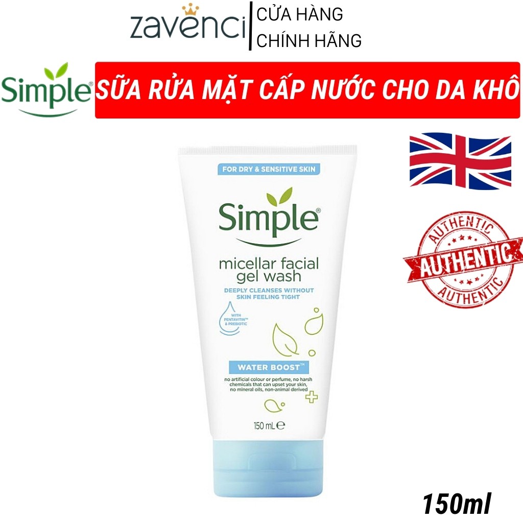 Sữa rửa mặt SIMPLE Water Boost Micellar Facial Gel Wash Làm Sạch Sâu Cấp Nước Mềm Da ( 150ml )