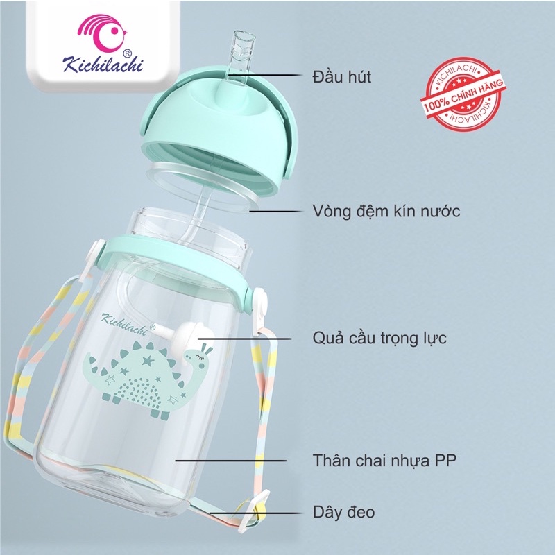 Bình Nước Cho Bé, Bình Tập Uống Nước Cho Bé Kichilachi Hình Khủng Long Dung Tích 240ml/360ml