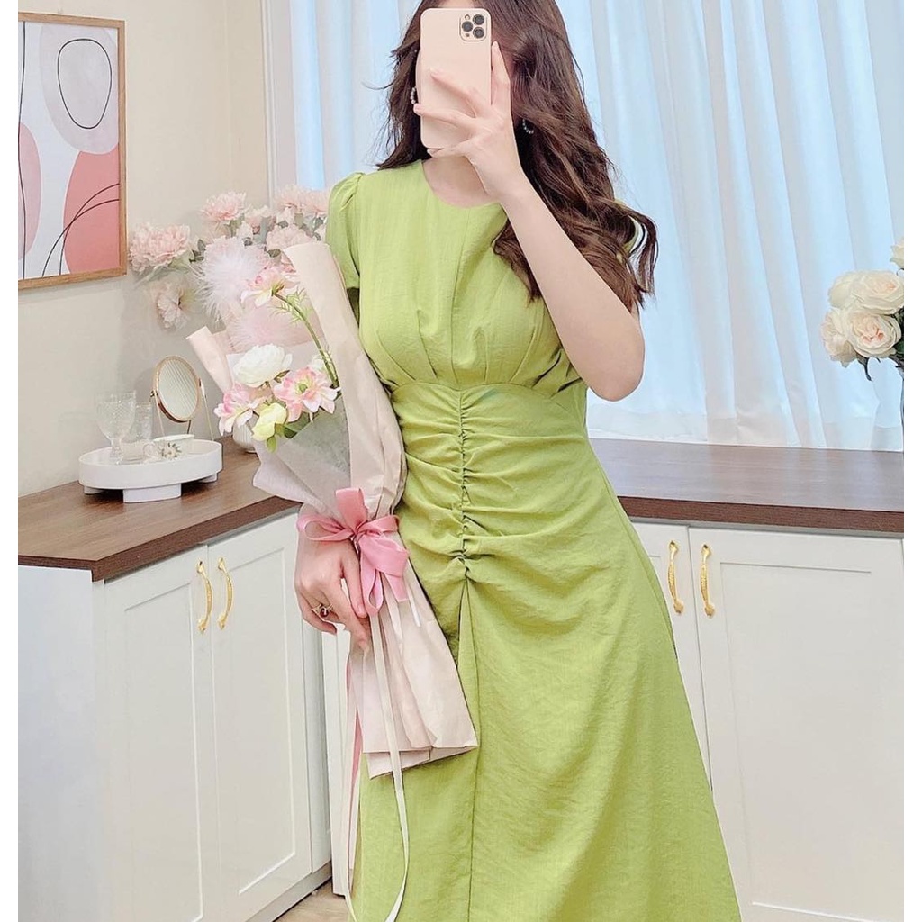 V62 | Đầm midi đũi Hàn cộc tay xanh bơ trơn dáng dài nhún eo | Tuli design